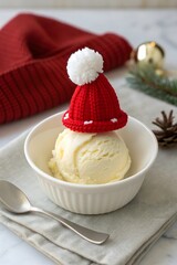 Festive vanilla ice cream dessert topped with a miniature santa hat in a white bowl