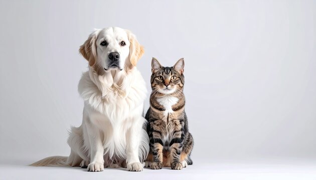 Golden Retriever dog and tabby cat sitting together against a clean white background with soft studio lighting creating subtle shadows
