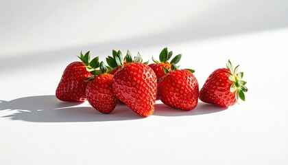 Group Of Ripe Red Strawberries With Green Leaves Scattered On A White Surface Under Natural Sunlight Creating Soft Shadows And Highlights