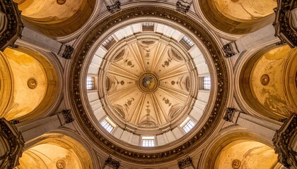 Intricate Grand Dome Architecture Interior View With Detailed Ornate Designs In Warm Golden Light And Sunlight Streams Through Windows