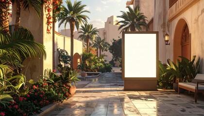Illuminated Blank Billboard in a Lush Mediterranean Courtyard at Sunset.