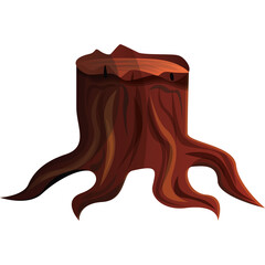 A Detailed Stylized Wooden Tree Stump with Visible Roots Against a Transparent Background
