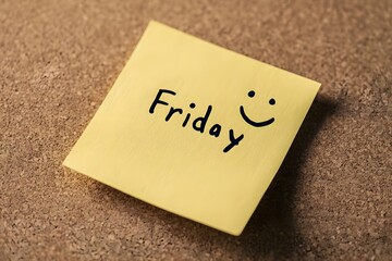 A bright yellow sticky note with the word friday and a cheerful smiley face drawn on it rests on a textured surface