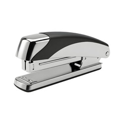 Closeup of a sleek black and silver stapler isolated on transparent background, a common office supply for fastening papers