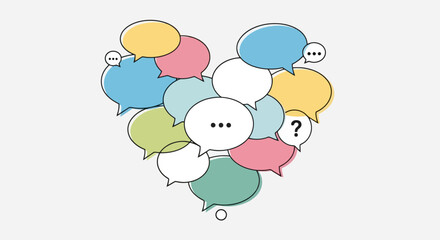 Colorful Speech Bubbles Arranged in Heart Shape for Communication, Social Connection, and Diverse Opinion Expression in Vector Illustration