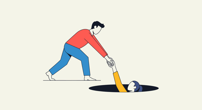 Supportive figure assisting someone emerging from a pit, ideal for illustrating teamwork, crisis support, mentorship, and overcoming challenges in personal or professional life.