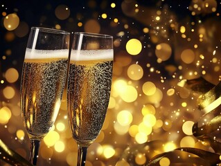 New Year's Eve toast with champagne glasses, rising bubbles, and golden bokeh lights against a backdrop of ribbons, in a vintage art deco celebration style, ideal for text or branding.