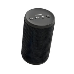 Closeup of a black wireless speaker with control buttons isolated on transparent background, providing portable audio