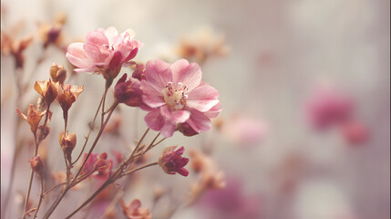 Obraz premium Delicate pink wildflowers blooming in soft pastel light