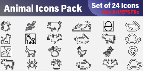 Minimalist Diverse Animal Icons Pack, Line Art Wildlife and Pet including insects, mammals, reptiles, and birds, perfect for educational materials, pet care, or wildlife conservation themes
