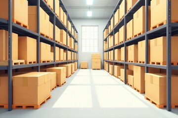 Inventory Management Stockroom Organization A clean and well organized stockroom interior. Rows of industrial metal shelving are filled with uniformly stacked, unlabeled cardboard boxes. The lighting