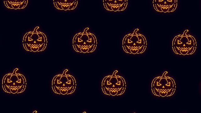 Animated digital design of pumpkins made with bright orange pixels on a black background