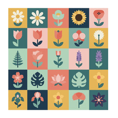 Floral Mosaic A Colorful Pattern of Botanical Bliss in Square Tiles