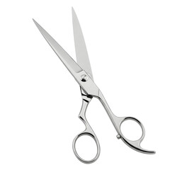 A pair of shiny silver metal hair cutting scissors isolated on transparent background, used for professional hairstyling