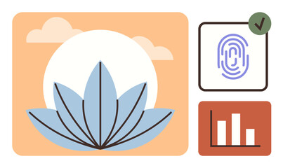 Blue lotus over sun represents balance, accompanied by fingerprint authentication, data analytics. Ideal for security, data protection, digital growth, identity, wellness nature innovation. Clean