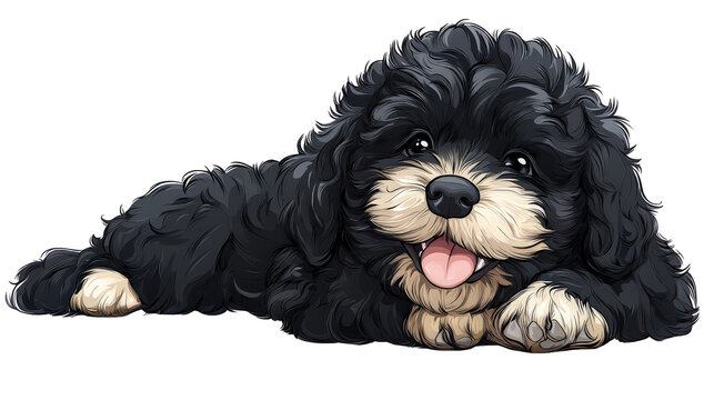 Joyful portuguese water dog cartoon character smiling while lying down