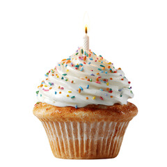 Birthday Cupcake with Candle and Colorful Sprinkles on Transparent Background