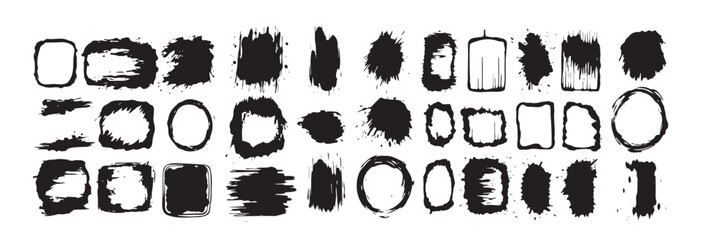 Set of black grunge brush strokes isolated on white background. Concept of abstract shapes, artistic design elements, paint smudges, creative borders