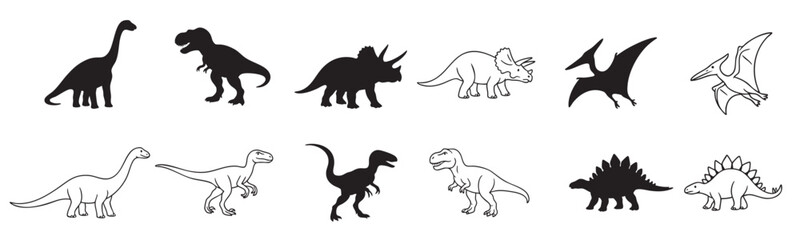 Set of Black silhouettes and outlines of dinosaurs in various poses, isolated on white background, graphic illustration. concept of ancient reptiles, prehistoric animals, icon, design element