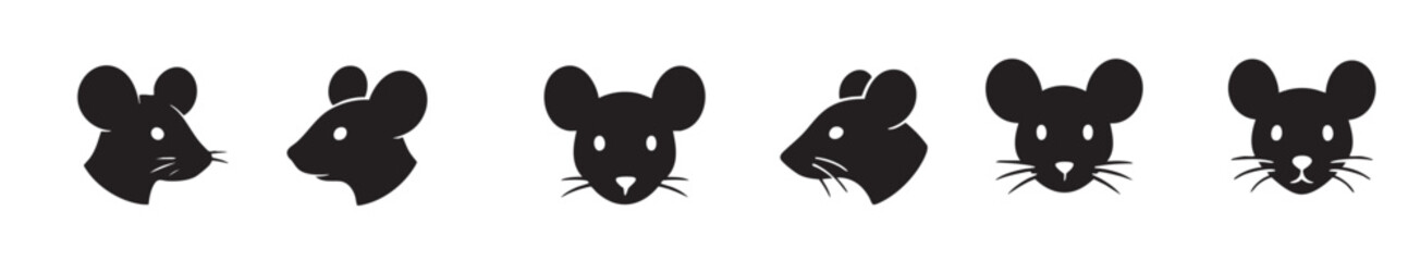 Set of black silhouette mouse faces isolated on white background. concept of icon, logo, rodent illustration, cute animal, design element, graphic art, cartoon character vector