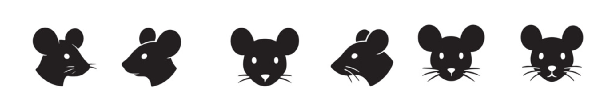 Set of black silhouette mouse faces isolated on white background. concept of icon, logo, rodent illustration, cute animal, design element, graphic art, cartoon character vector
