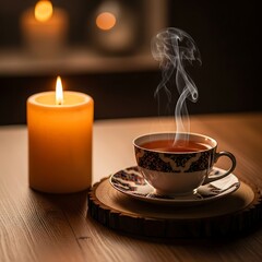 Cozy Evening Ambiance - Steaming Tea Cup Beside a Flickering Candle on a Wooden Table.