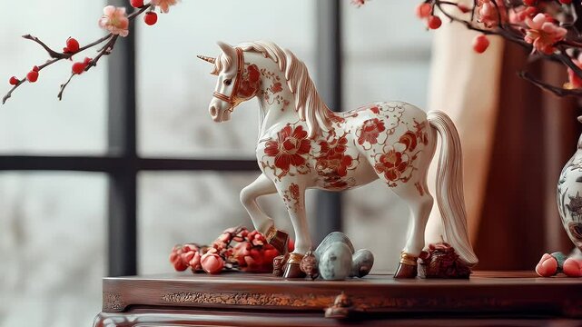 Elegant porcelain unicorn statue with floral patterns set against a blurred window backdrop showcasing warm tones soft textures and a classic still life