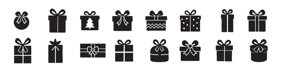 Set of Black silhouette of christmas gift boxes with bows isolated on white background, graphic illustration. concept of festive presents, holiday wrapping, celebration, icon, design element.