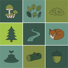Forest Icons Mushrooms, Leaves, Fox, and Nature Elements in Minimalist Vector Design