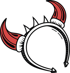 Illustration of a headband with red devil horns and small white spikes, set against a white background. The tone is playful and whimsical.