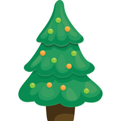 A Festive Green Christmas Tree Adorned with Orange and Green Baubles on a Transparent Background
