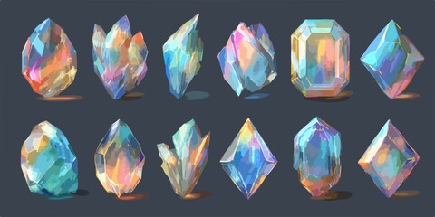 Kolekcja kolorowych, wieloaspektowych kryształów i kamieni szlachetnych