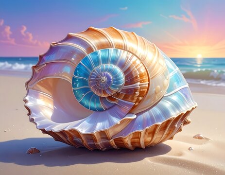 A pearlescent seashell on a sandy beach at sunset - Powered by Adobe