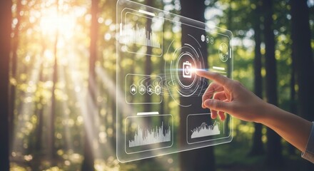 Digital Interface in Nature: A person's finger interacts with a futuristic digital interface overlaid onto a vibrant forest setting, exploring technology and environmental awareness.