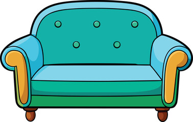 Illustration of a cozy, blue-green sofa with yellow armrests and brown legs. The sofa has a rounded back with button accents, creating a warm, inviting look.