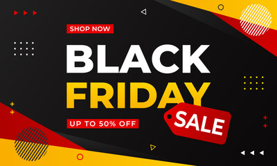 Black Friday sale banner with black, red, and yellow geometric background, up to 50% off, modern template design for sale promotion, marketing ads, online stores, events, pages, and websites