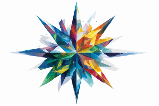 Kolorowy geometryczny wz&oacute;r przypominający gwiazdę lub kompas z wieloma ostrymi krawędziami.