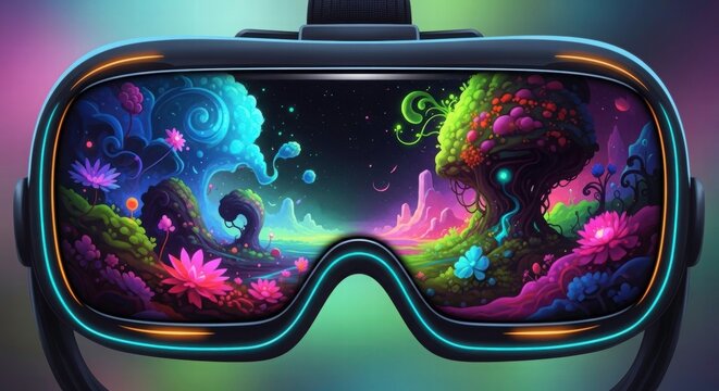 Virtual Reality Wonderland: A captivating virtual reality headset unveils a vibrant and surreal landscape, showcasing the limitless possibilities of digital immersion. 
