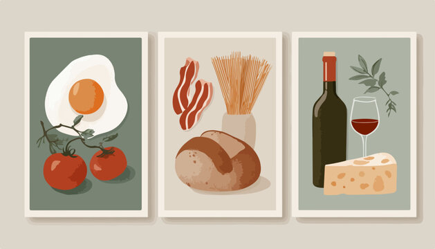 Fototapeta Ilustrowane martwe natury z jedzeniem i napojami w stylu vintage, przedstawiające jajko, boczek, chleb, makaron, wino i ser.