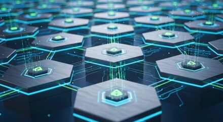 Hexagon Grid of Technology: A detailed hexagonal grid glows with intricate patterns, suggesting complex digital processes and technological advancement.