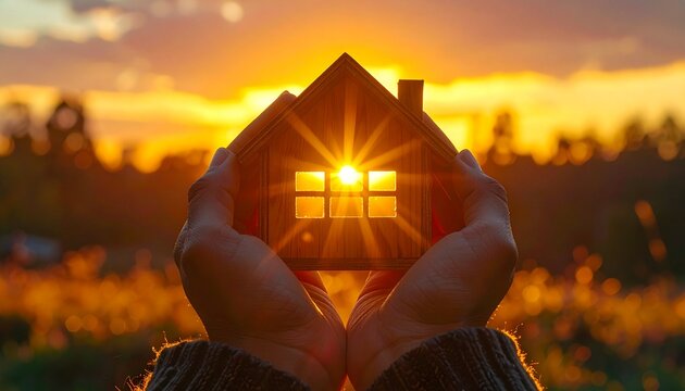 Woman Holding Small Wooden House Against Sunset Symbolizing Dream Home and Security