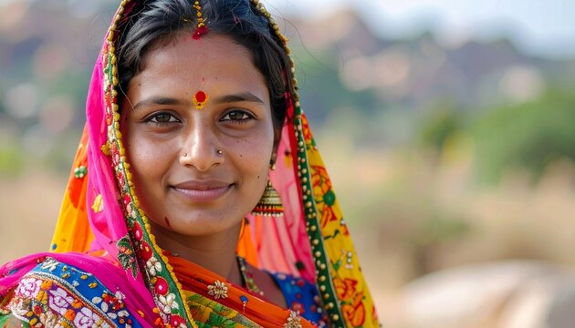 Headshot of an indian woman dressed in traditional colorful clothes, bindi dot on her forehead, hindu religion and culture.