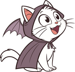 Cute cartoon cat wearing a bat costume with wings and a hood. The cat is sitting, looking upward with an excited, cheerful expression.