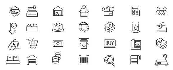 Shopping line icon set. Supermarket, cart, online shopping, commerce, mobile shop, testimonials, shipping, purchase, Package, basket, bag line icon set. vector