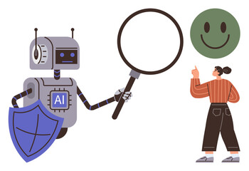 AI robot with magnifying glass and shield studies happy face feedback as a user points up. Ideal for innovation, machine learning, user feedback, technology ethics, analytics, human interaction