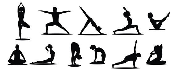set of poses woman and man yoga collection of multicultural