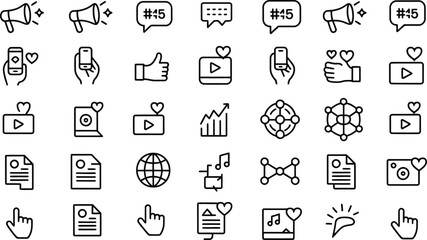 Social Media Engagement and Hashtag Icon Set Line EPS Vector for Digital Marketing and Online Reach