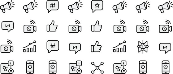 Social Media Engagement and Hashtag Icon Set Line EPS Vector for Digital Marketing and Online Reach