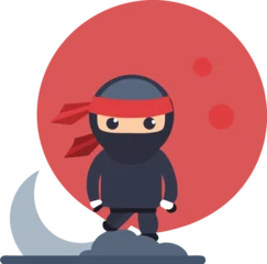 Poster Piraten Cute cartoon ninja with a red headband stands confidently in front of a large red circle, resembling a moon. The scene has a playful tone.  © Rizky