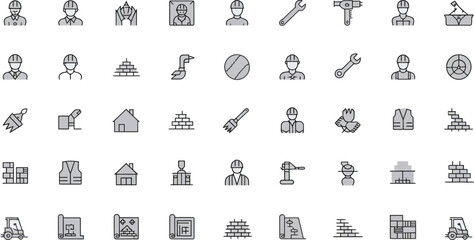 Construction and Labor Line Icon Set EPS Vector of Workers, Tools, Materials, and Site Elements
